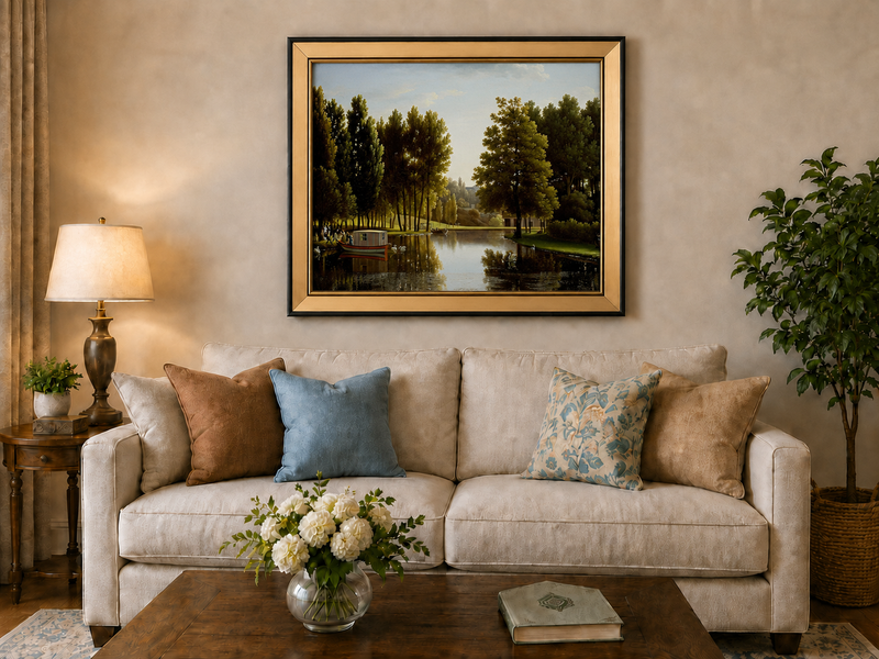 Hand-painted canal garden with boat, swans and figures landscape oil painting displayed above a sofa in a living room interior.