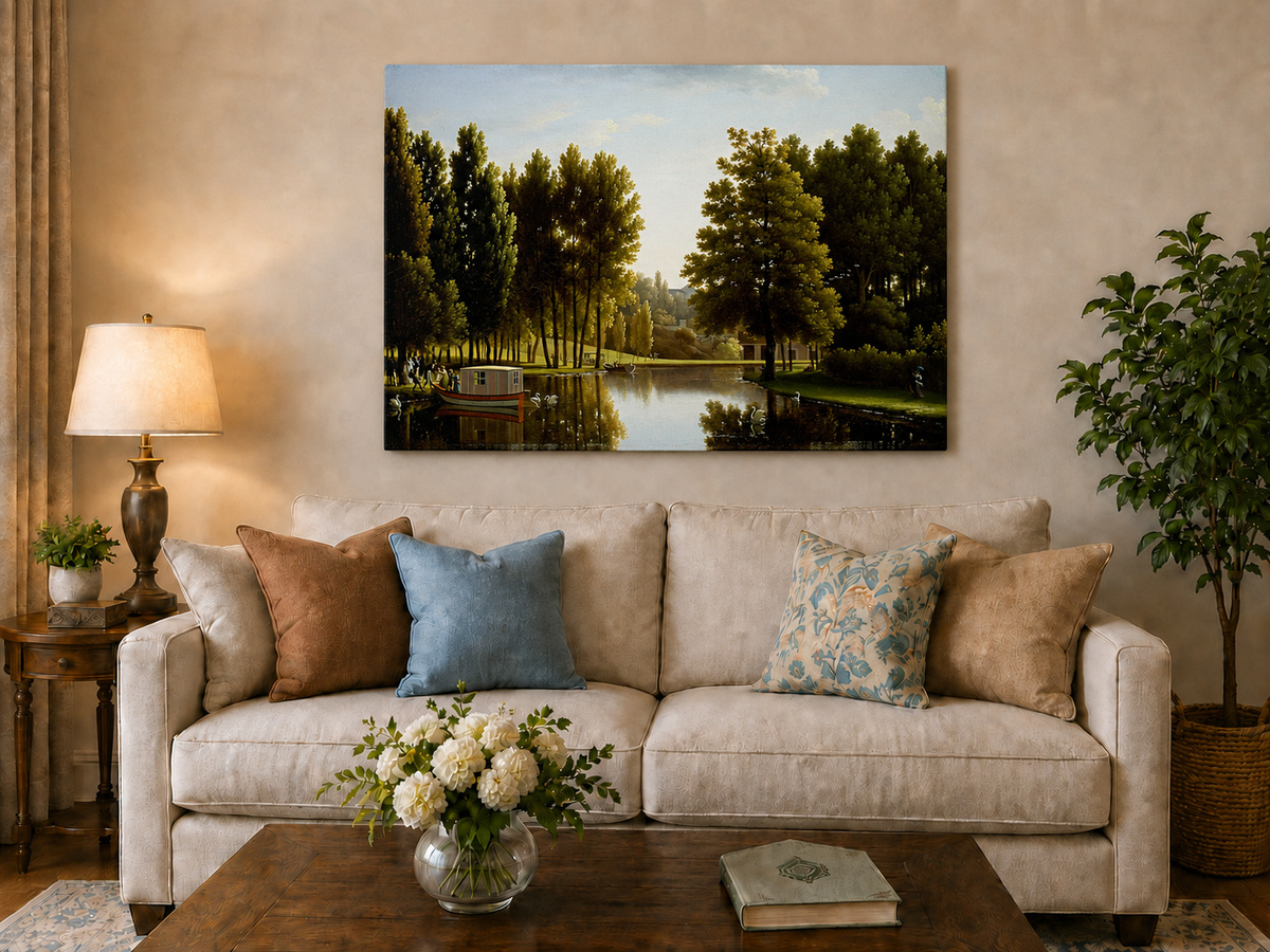 Hand-painted canal garden with boat, swans and figures landscape oil painting displayed above a sofa in a living room interior.