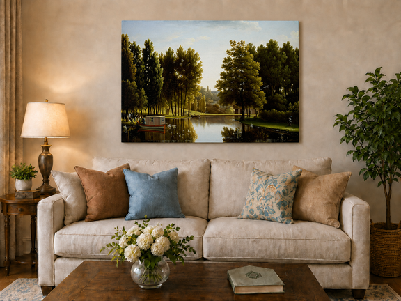 Hand-painted canal garden with boat, swans and figures landscape oil painting displayed above a sofa in a living room interior.