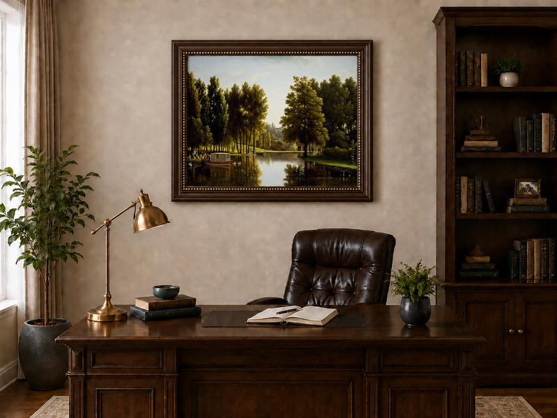 Hand-painted canal garden with boat, swans and figures landscape oil painting displayed above a desk in a home office interior.
