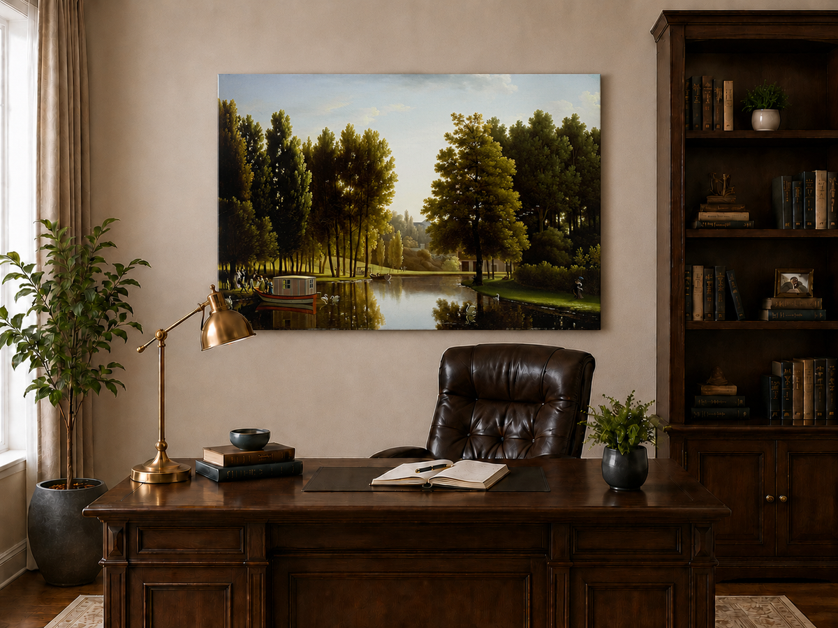 Hand-painted canal garden with boat, swans and figures landscape oil painting displayed above a desk in a home office interior.