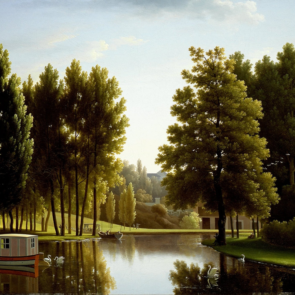 Landscape Oil Painting - Canal Garden & Boat, Swans, Leisure Figures - Oil Painting Haven