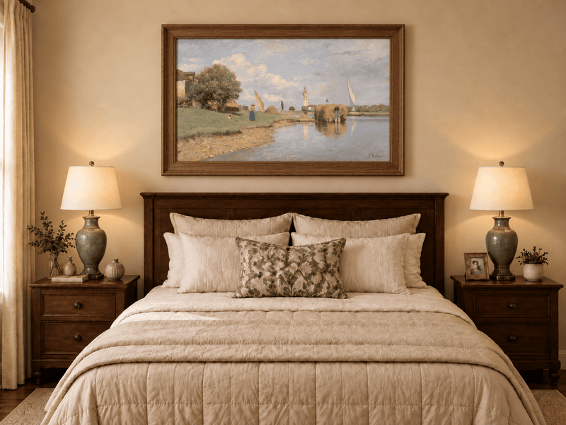 Landscape Oil Painting - Canal, Hay Barge, Woman & Distant Bell