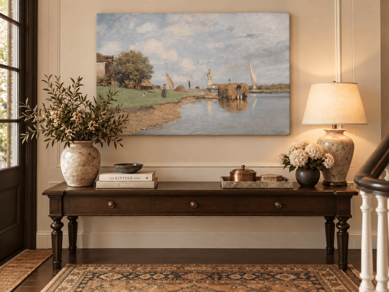 Landscape Oil Painting - Canal, Hay Barge, Woman & Distant Bell