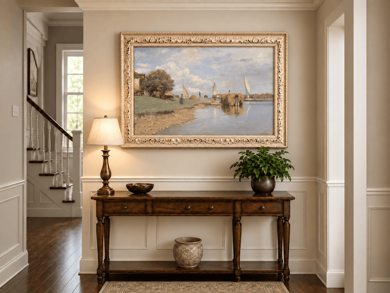 Landscape Oil Painting - Canal, Hay Barge, Woman & Distant Bell