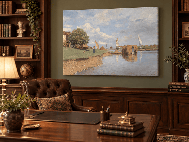Landscape Oil Painting - Canal, Hay Barge, Woman & Distant Bell