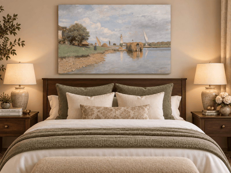 Landscape Oil Painting - Canal, Hay Barge, Woman & Distant Bell