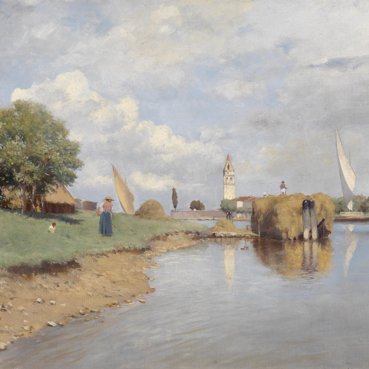 Landscape Oil Painting - Canal, Hay Barge, Woman & Distant Bell Tower - Oil Painting Haven