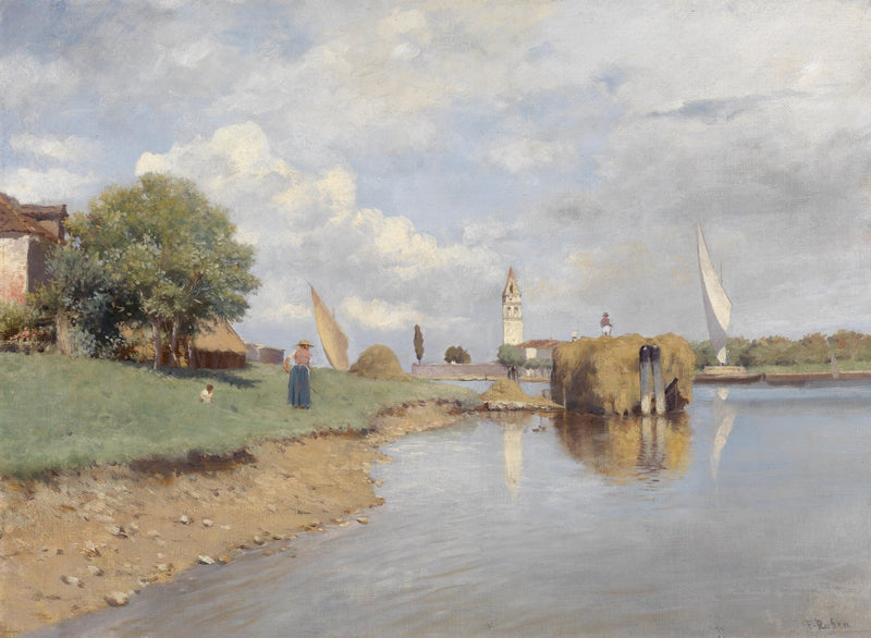 Landscape Oil Painting - Canal, Hay Barge, Woman & Distant Bell Tower - Oil Painting Haven