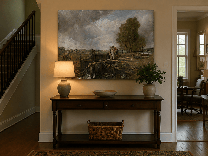 Landscape Oil Painting - Canal Lock Rural & Worker