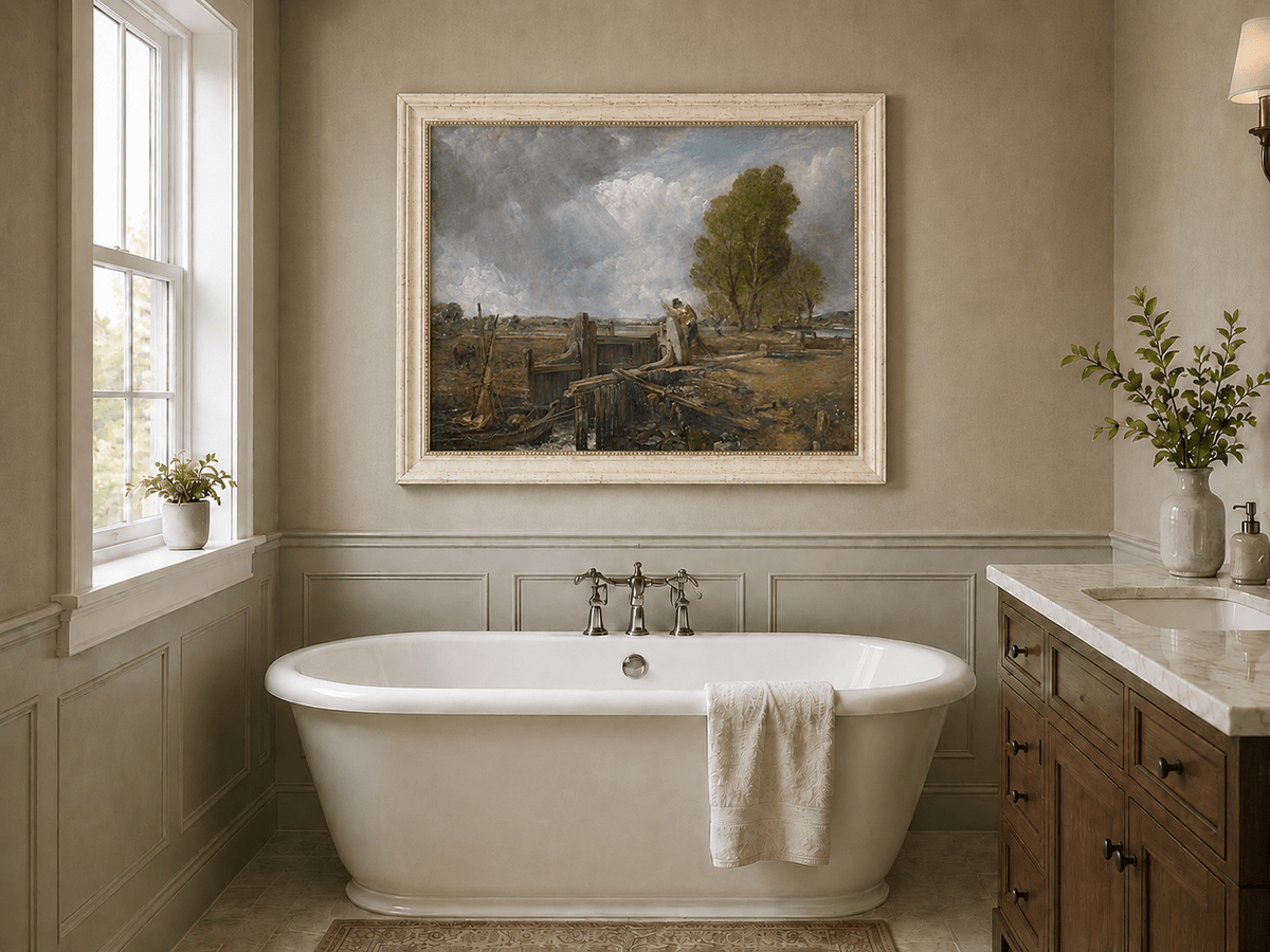 Landscape Oil Painting - Canal Lock Rural & Worker