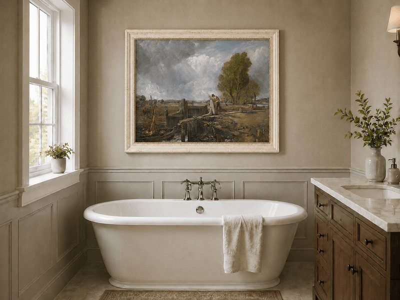 Landscape Oil Painting - Canal Lock Rural & Worker