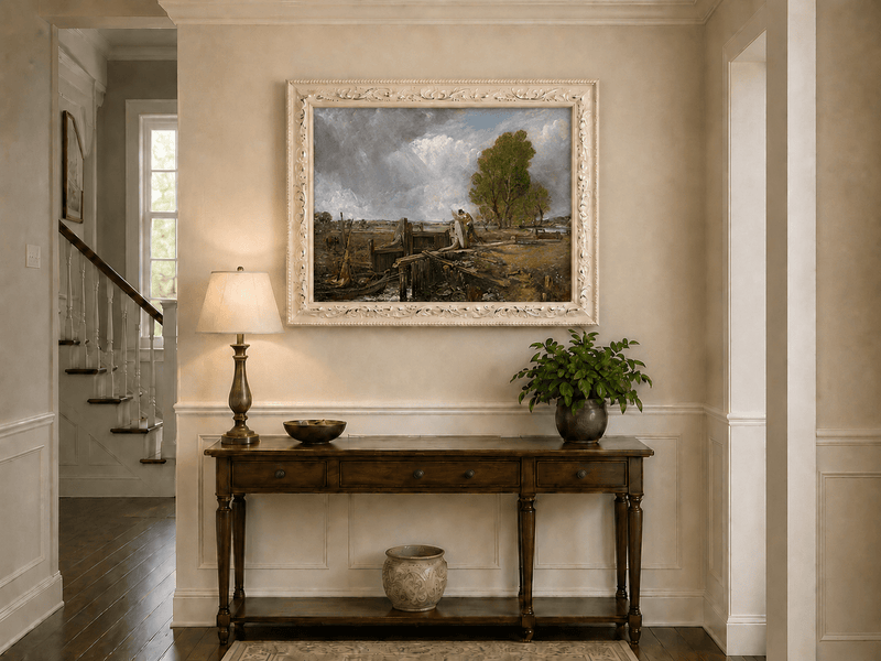 Landscape Oil Painting - Canal Lock Rural & Worker