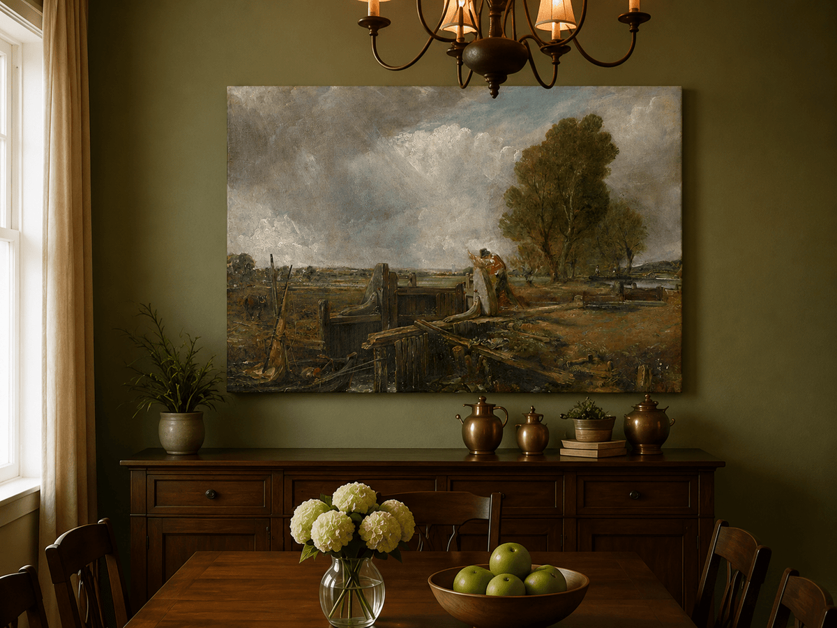 Landscape Oil Painting - Canal Lock Rural & Worker