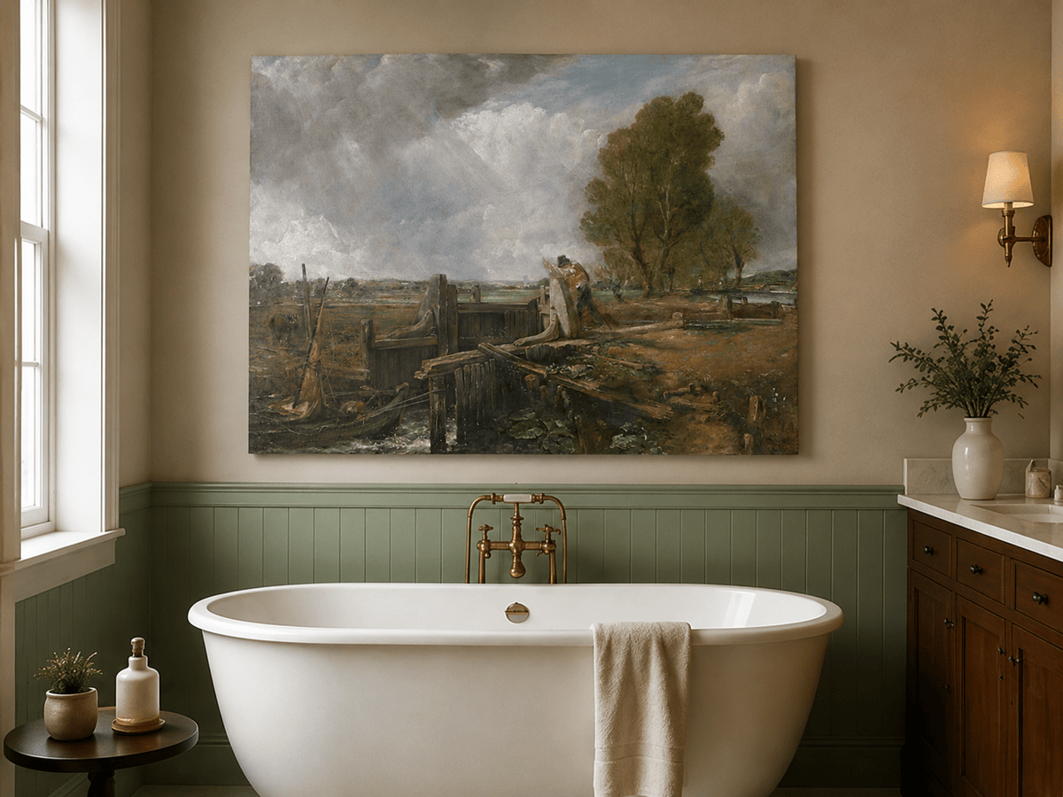 Landscape Oil Painting - Canal Lock Rural & Worker