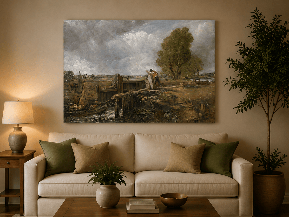 Landscape Oil Painting - Canal Lock Rural & Worker