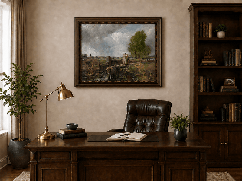 Landscape Oil Painting - Canal Lock Rural & Worker