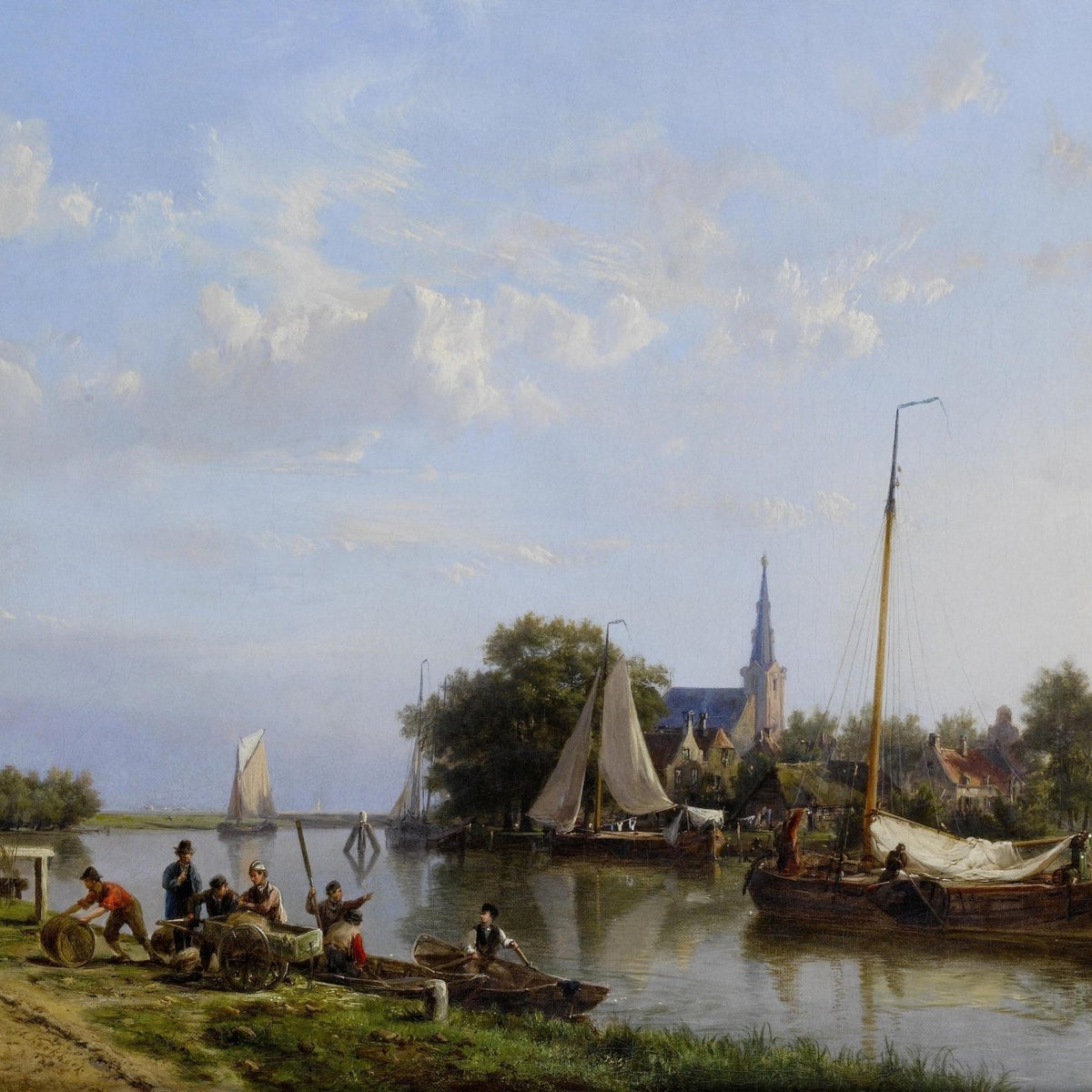 Landscape Oil Painting - Canal, Sailboats, River Town & Church Spire - Oil Painting Haven