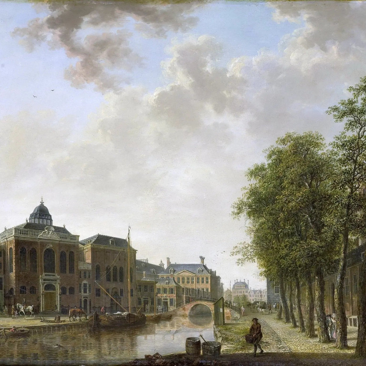 Landscape Oil Painting - Canal Scene with Buildings and Figures - Oil Painting Haven