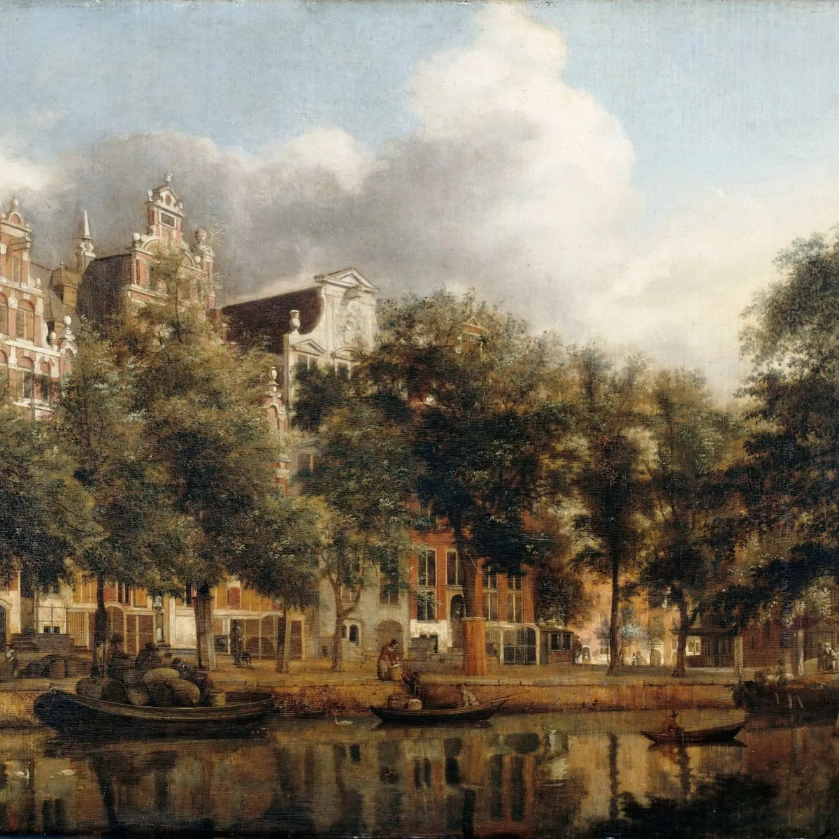 Landscape Oil Painting - Canal Side City Scene with Trees and Boats - Oil Painting Haven