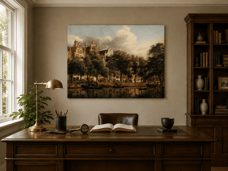 Peinture à l'huile de paysage - Arbres et bateaux de ville au bord du canal