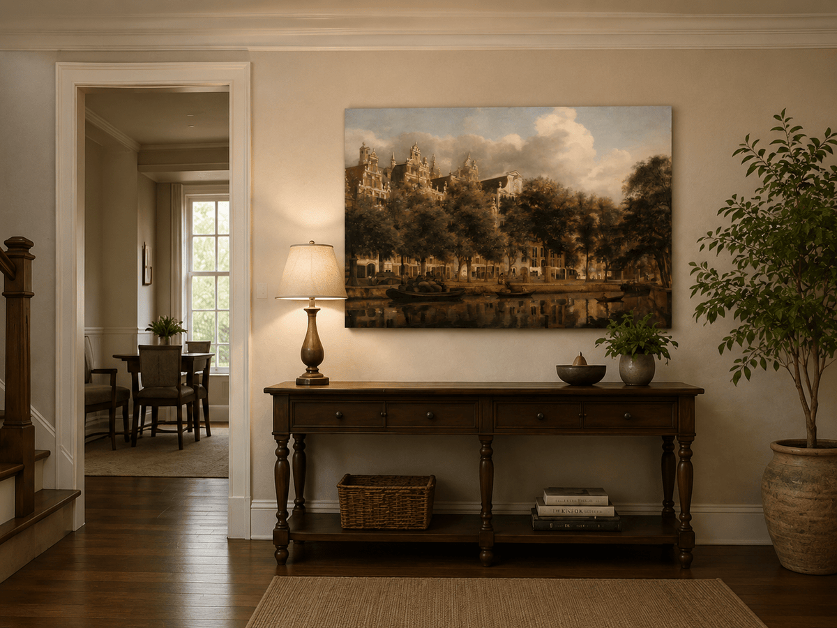 Peinture à l'huile de paysage - Arbres et bateaux de ville au bord du canal