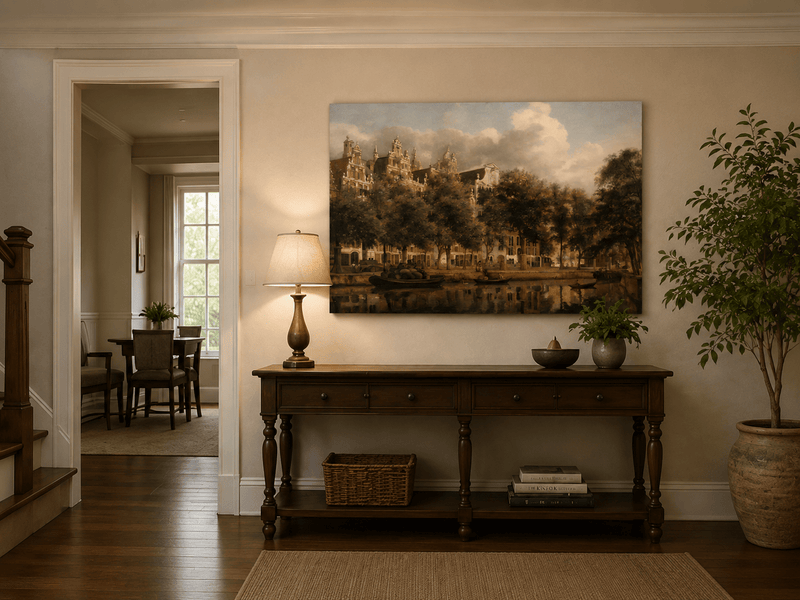 Peinture à l'huile de paysage - Arbres et bateaux de ville au bord du canal