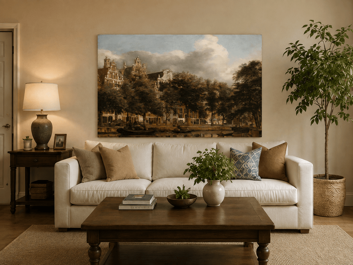 Peinture à l'huile de paysage - Arbres et bateaux de ville au bord du canal