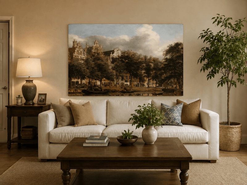 Peinture à l'huile de paysage - Arbres et bateaux de ville au bord du canal