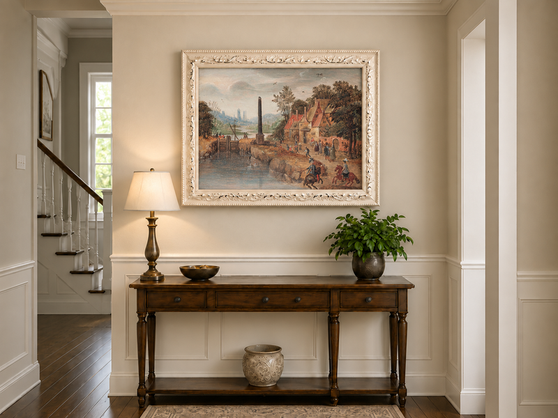 Hand-painted Canal Village with Riders and Obelisk landscape oil painting displayed as wall art in a styled interior