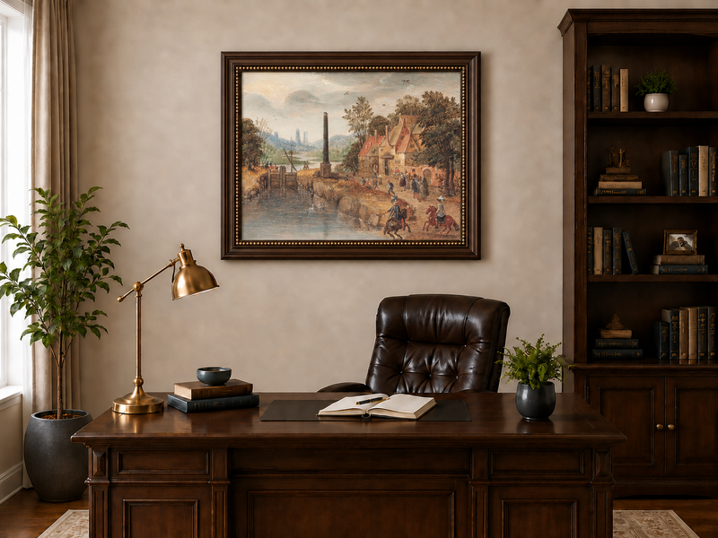 Hand-painted Canal Village with Riders and Obelisk landscape oil painting displayed as wall art in a styled interior