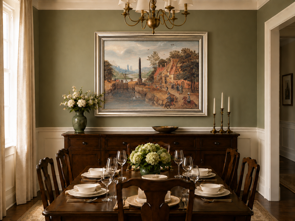 Hand-painted Canal Village with Riders and Obelisk landscape oil painting displayed as wall art in a styled interior