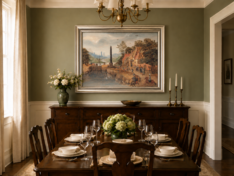Hand-painted Canal Village with Riders and Obelisk landscape oil painting displayed as wall art in a styled interior