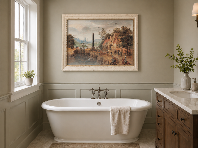 Hand-painted Canal Village with Riders and Obelisk landscape oil painting displayed as wall art in a styled interior