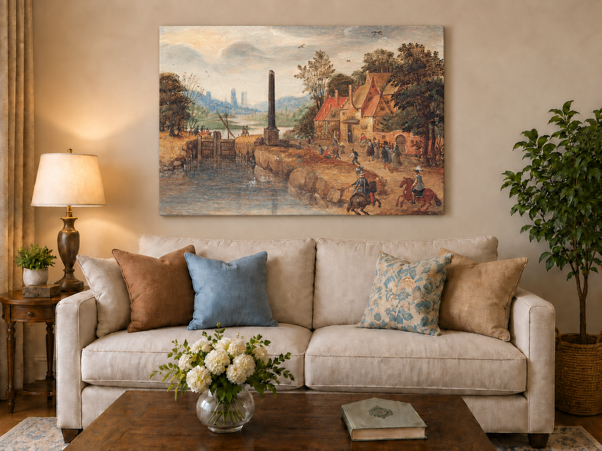 Hand-painted Canal Village with Riders and Obelisk landscape oil painting displayed as wall art in a styled interior