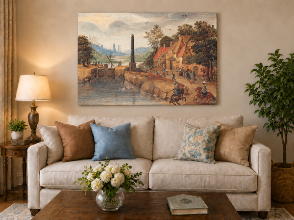 Hand-painted Canal Village with Riders and Obelisk landscape oil painting displayed as wall art in a styled interior