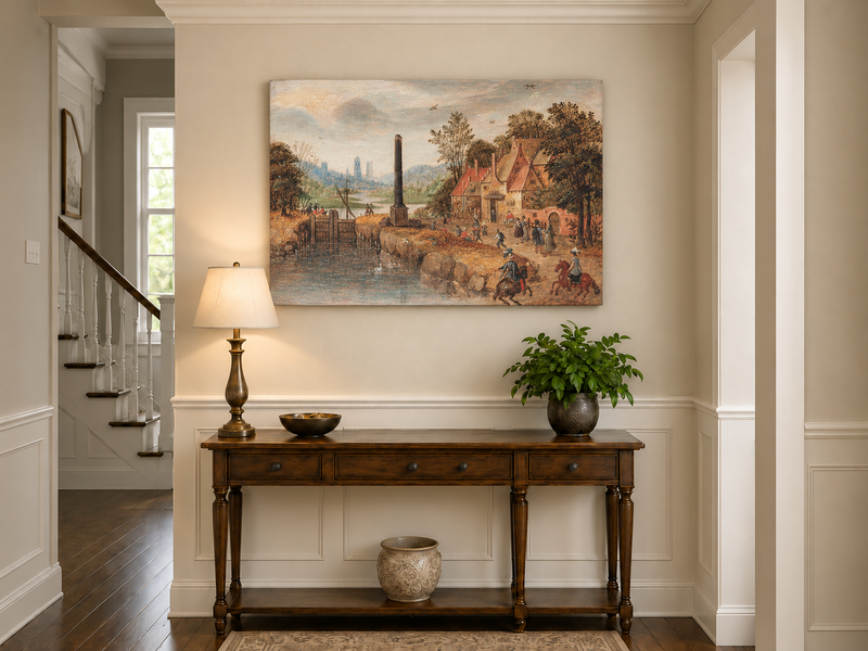 Hand-painted Canal Village with Riders and Obelisk landscape oil painting displayed as wall art in a styled interior