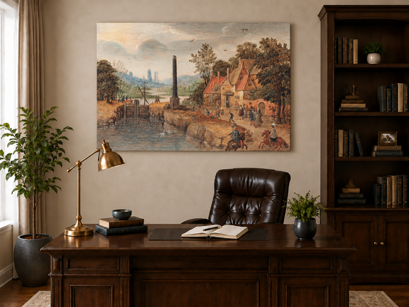 Hand-painted Canal Village with Riders and Obelisk landscape oil painting displayed as wall art in a styled interior