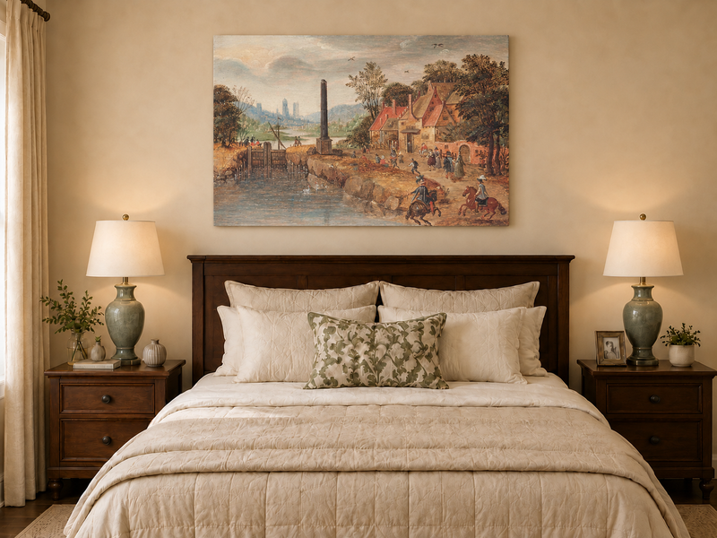 Hand-painted Canal Village with Riders and Obelisk landscape oil painting displayed as wall art in a styled interior