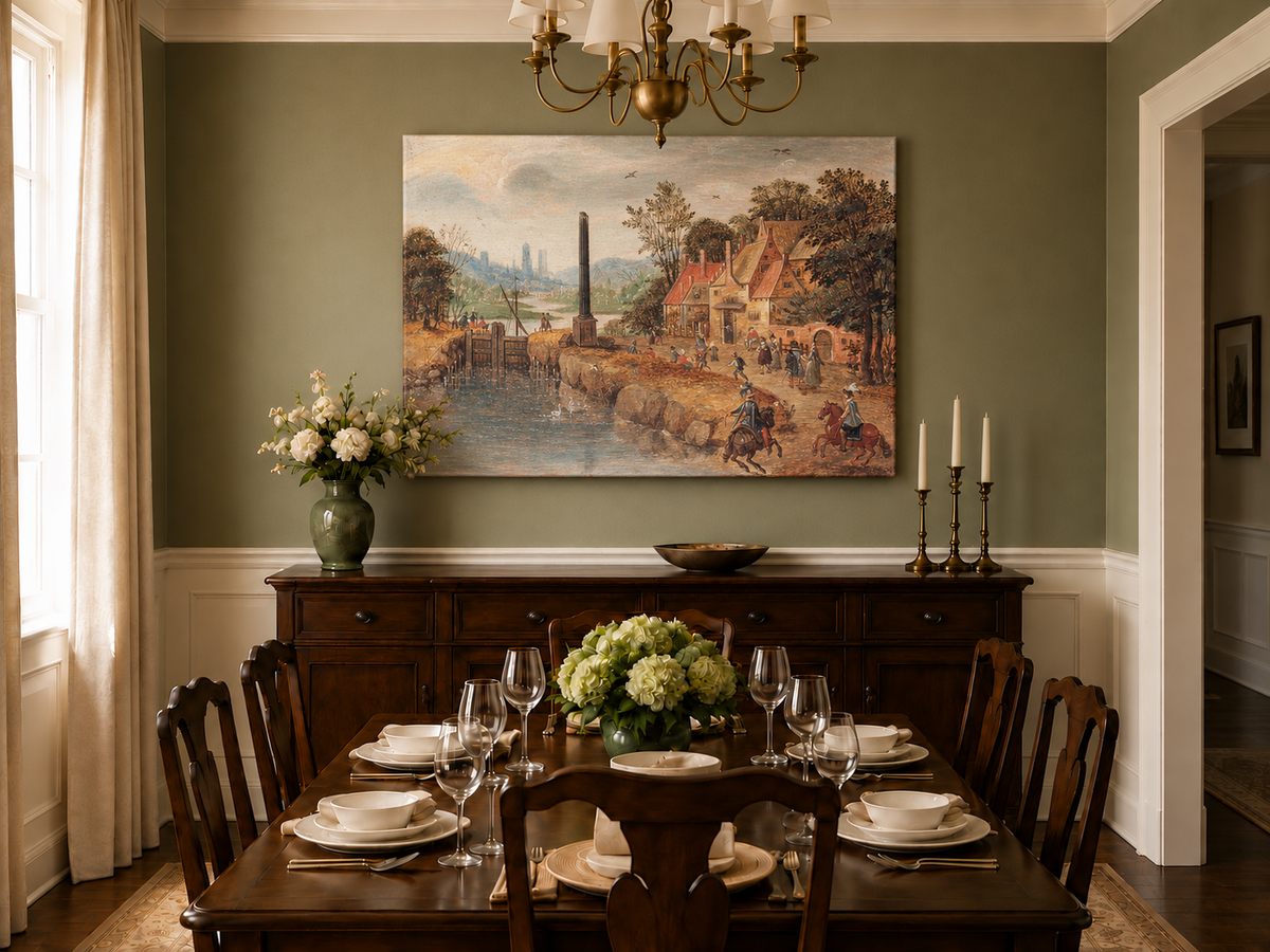 Hand-painted Canal Village with Riders and Obelisk landscape oil painting displayed as wall art in a styled interior