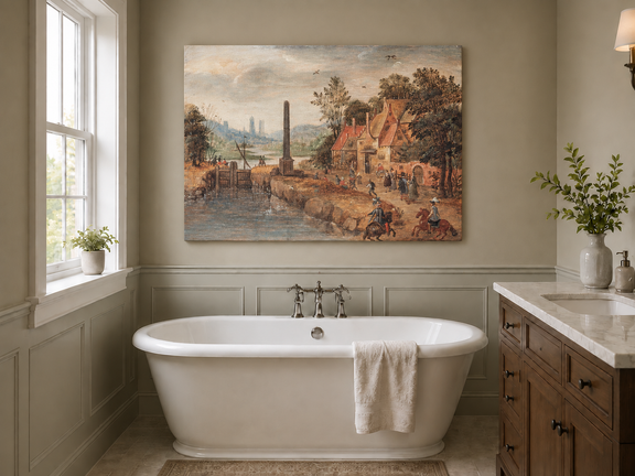 Hand-painted Canal Village with Riders and Obelisk landscape oil painting displayed as wall art in a styled interior