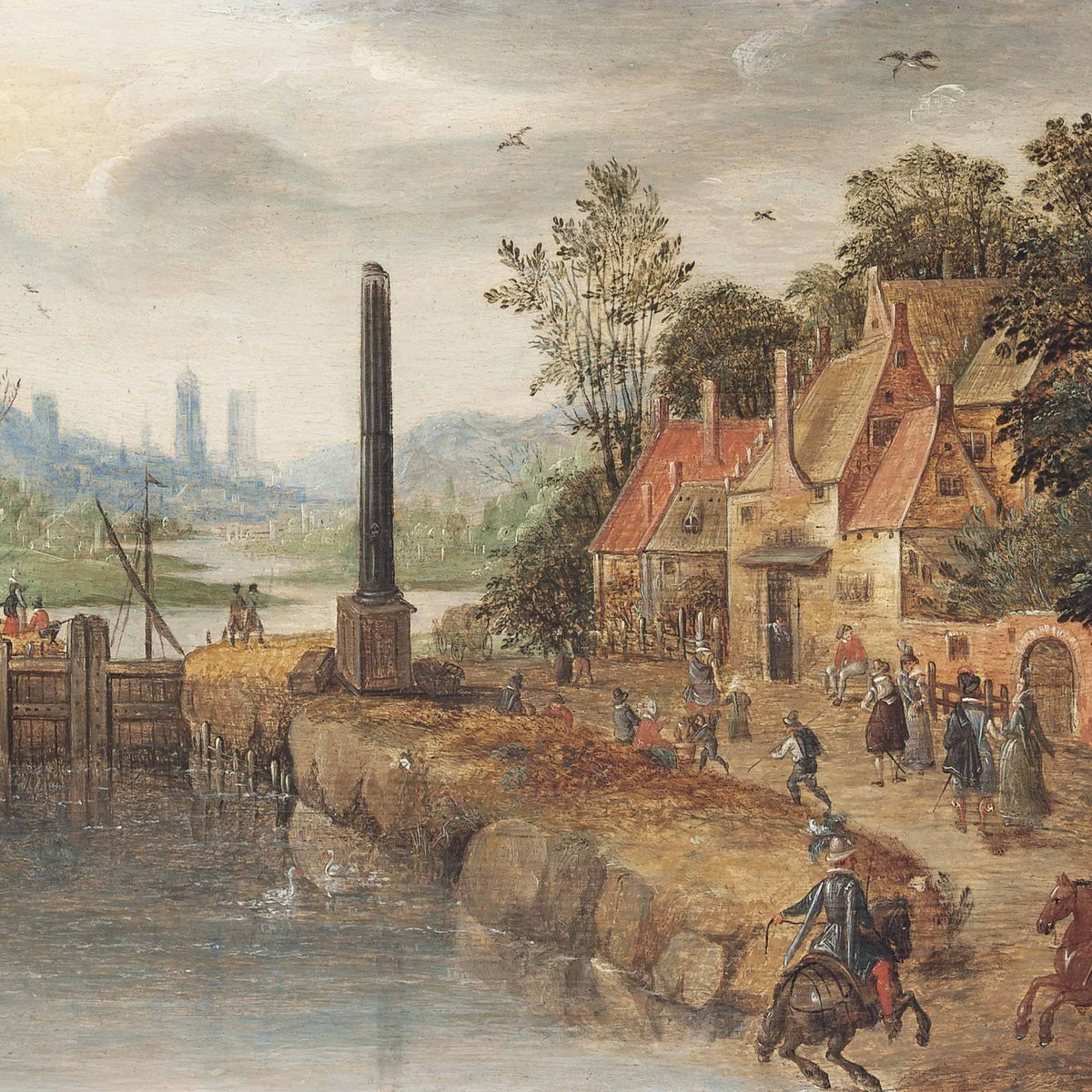 Hand-painted canal village with riders and obelisk landscape oil painting on canvas