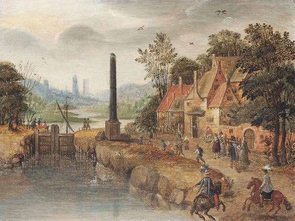Hand-painted canal village with riders and obelisk landscape oil painting on canvas