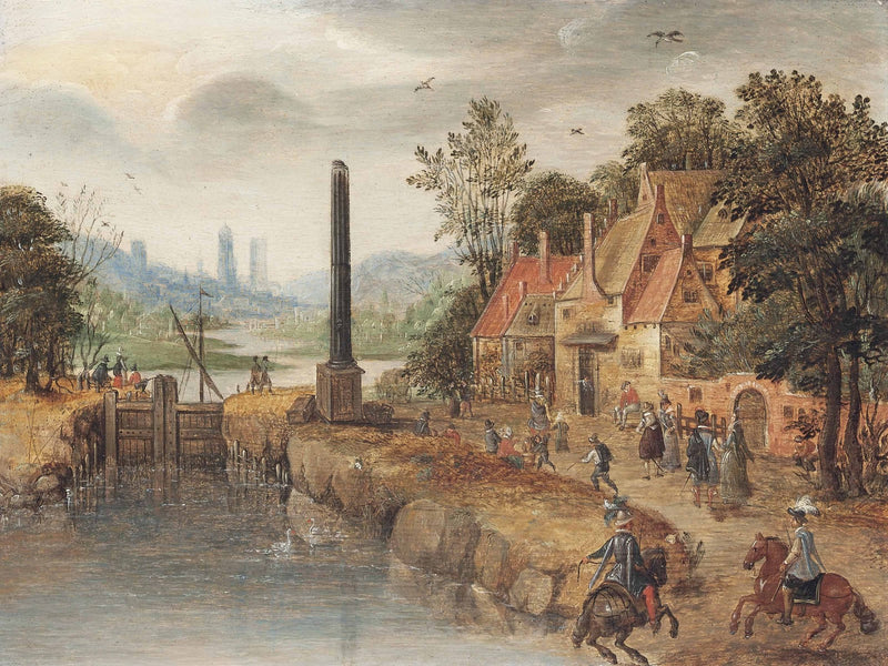 Hand-painted canal village with riders and obelisk landscape oil painting on canvas