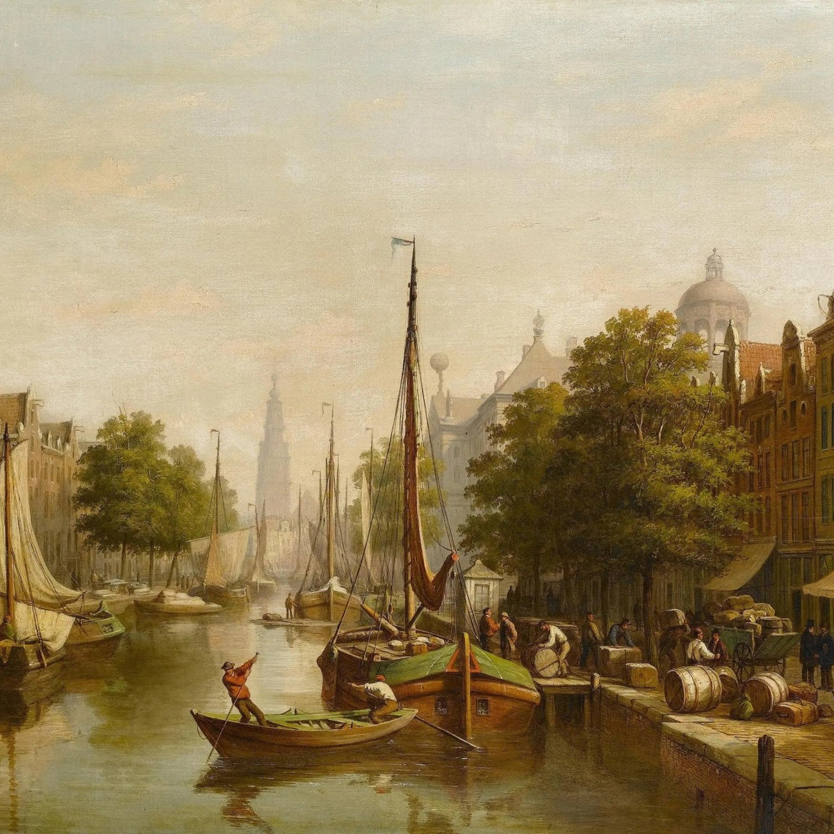 Landscape Oil Painting - Canal with Boats, Figures & Buildings - Oil Painting Haven