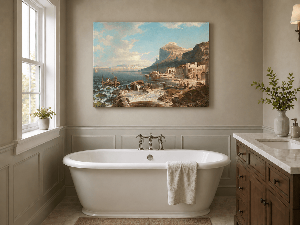 Landscape Oil Painting - Capri Coast Village with Fishing Boats