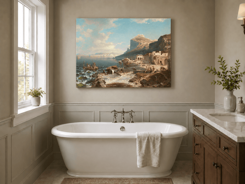 Landscape Oil Painting - Capri Coast Village with Fishing Boats