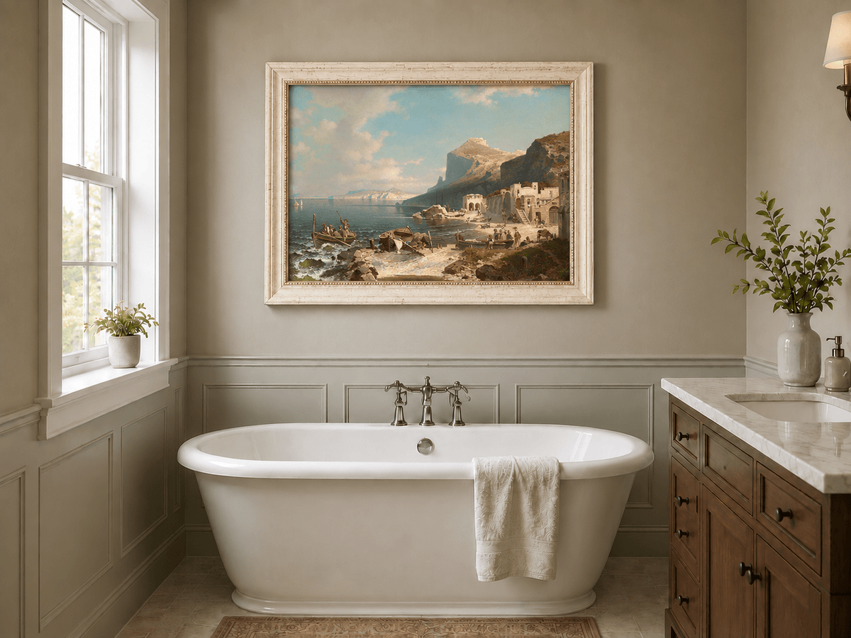 Landscape Oil Painting - Capri Coast Village with Fishing Boats