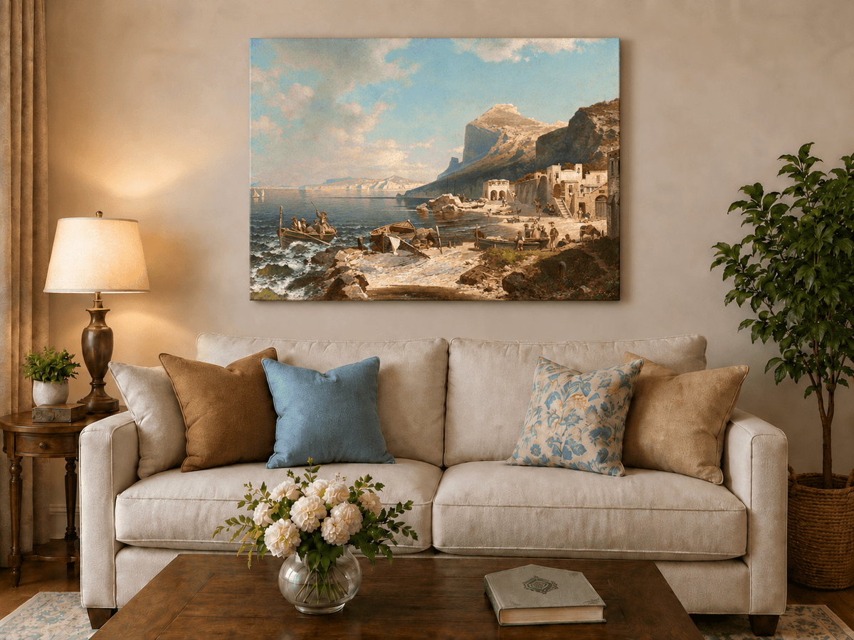 Landscape Oil Painting - Capri Coast Village with Fishing Boats