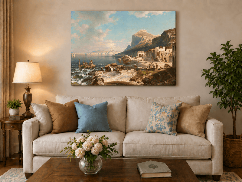 Landscape Oil Painting - Capri Coast Village with Fishing Boats